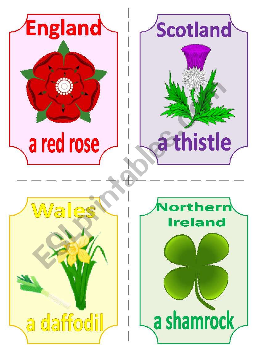 THE UK FLASHCARDS 1 - SYMBOLS and FLAGS, 2 pages, 8 cards