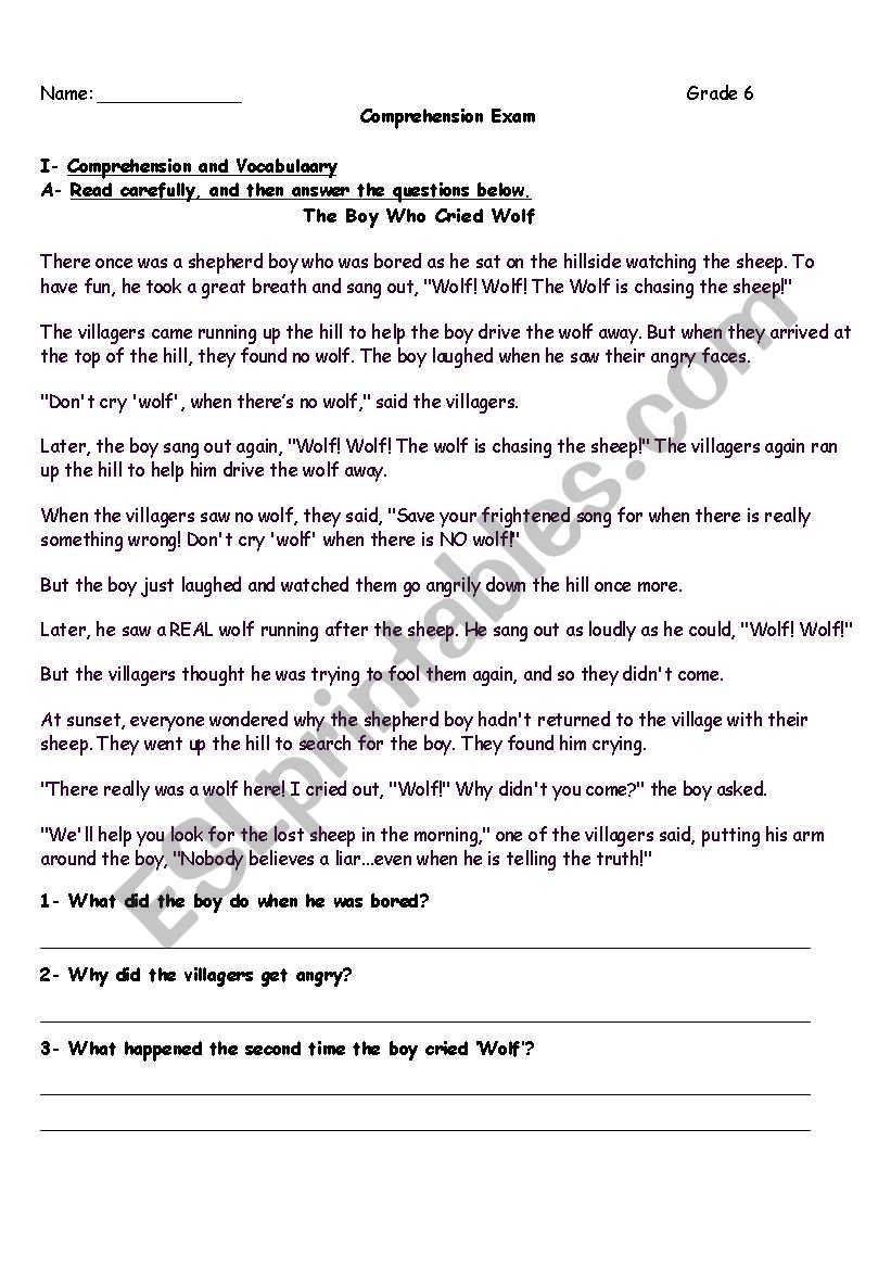 The Boy Who Cried Wolf worksheet