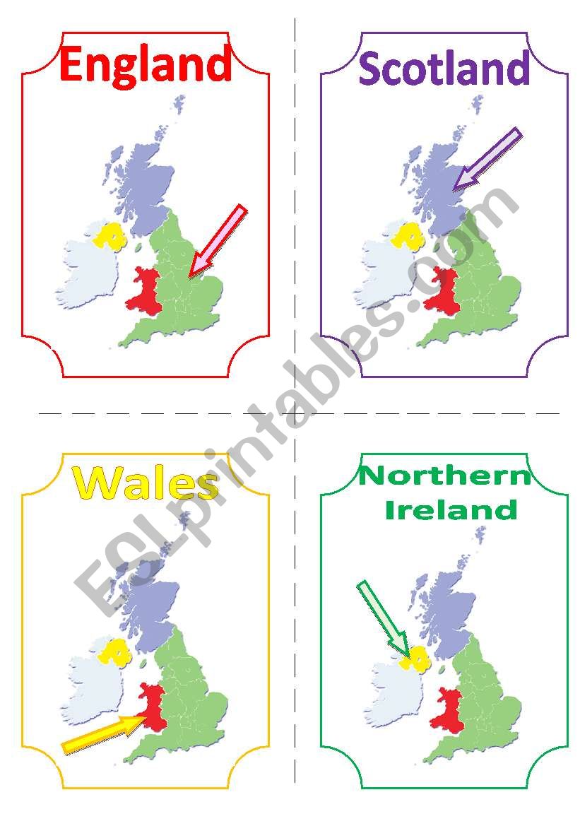 THE UK FLASHCARDS 2 - MAPS and PATRON SAINTS, 2 pages, 8 cards