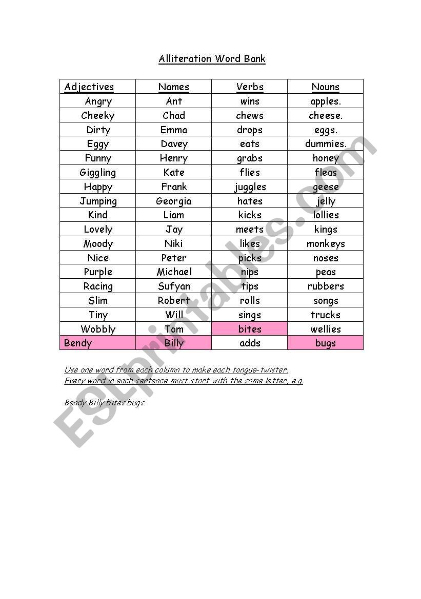 Alliteration Word Bank worksheet