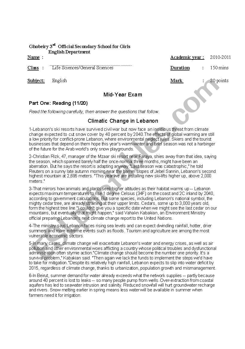 Climate Change inLebanon worksheet