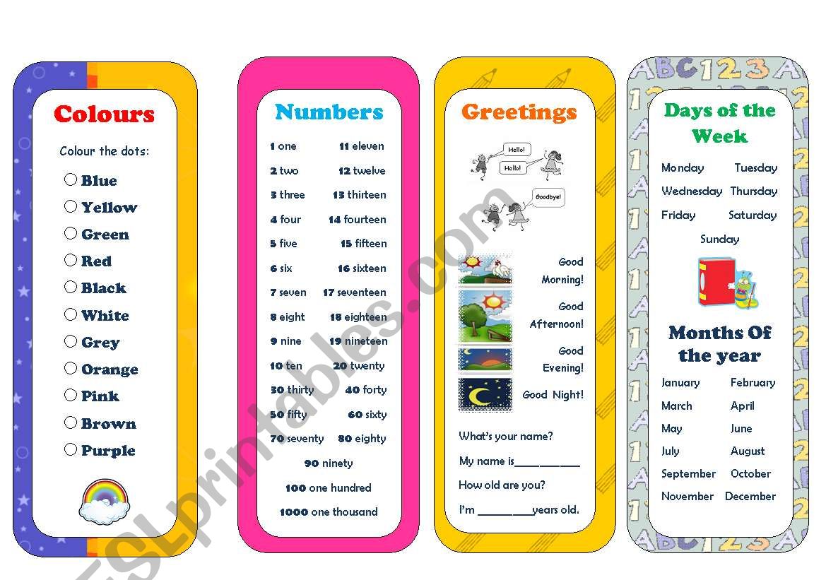 Bookmarks - Colours, Numbers, Greetings, Days of the week, Months of the Year
