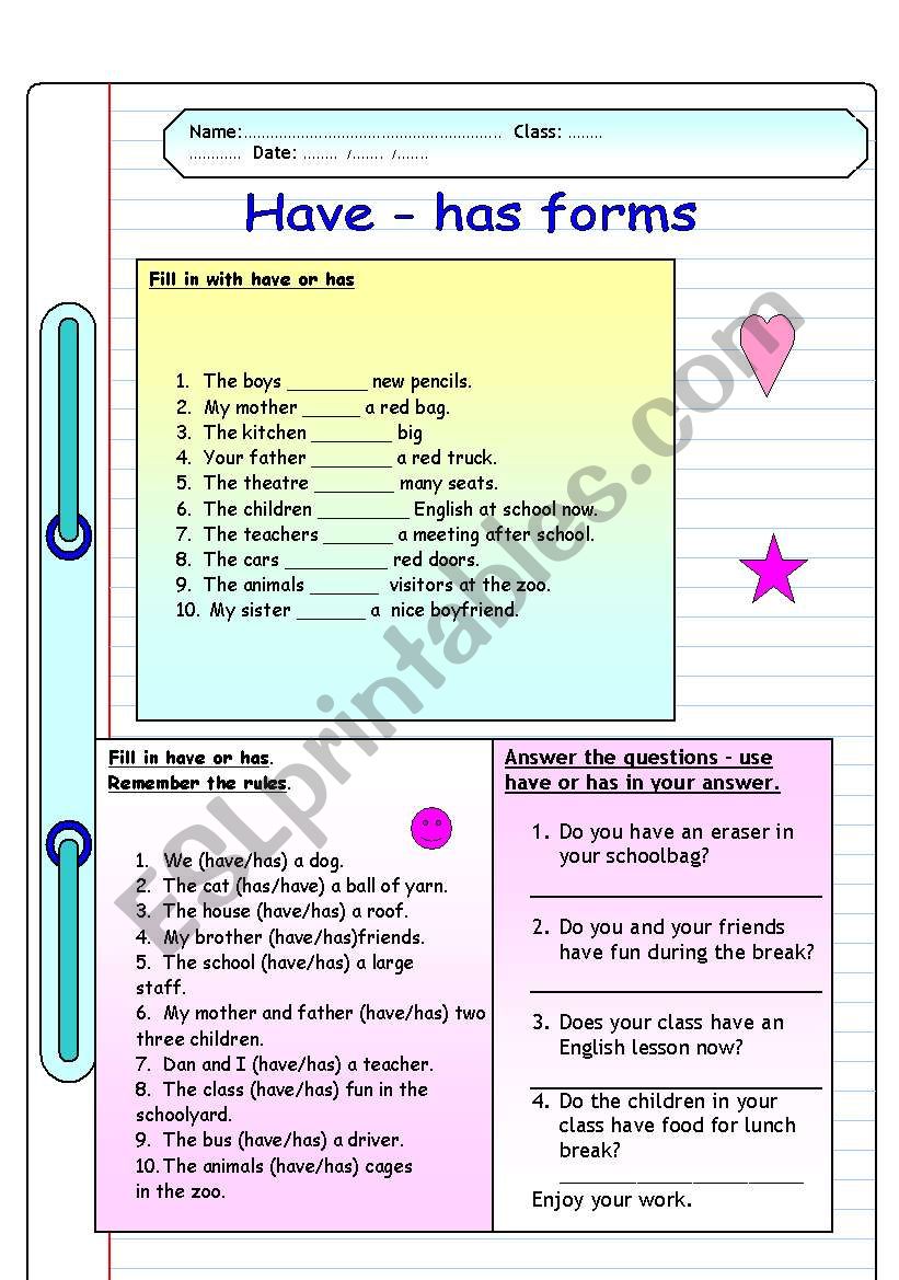 Have has forms worksheet