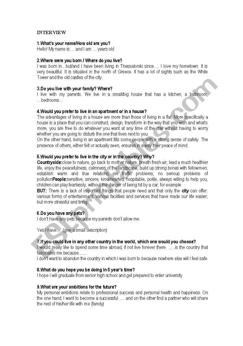 Tips for oral exams worksheet