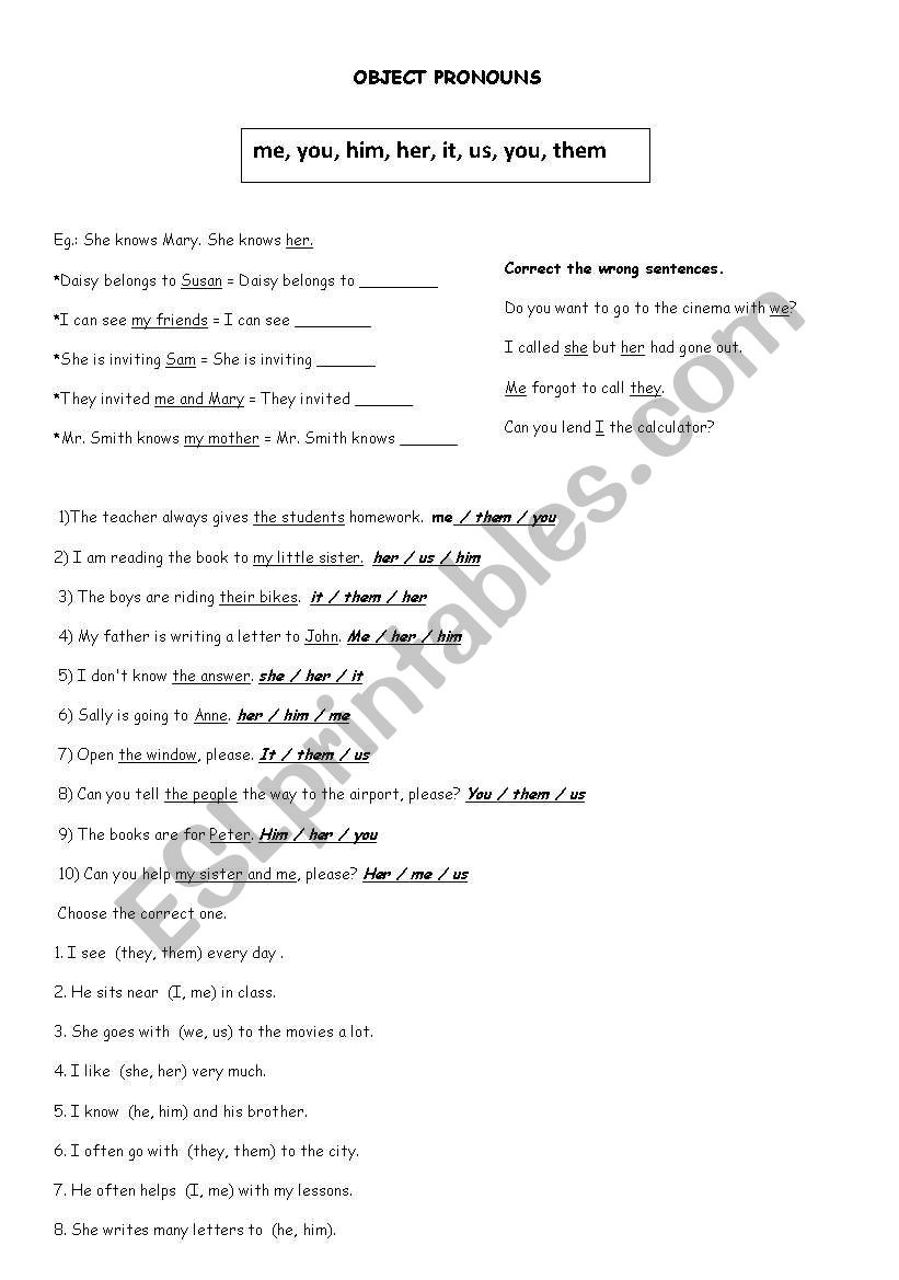 object pronouns exercises worksheet