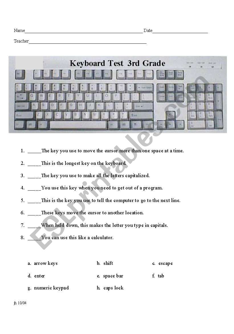 Using the keyboard quiz worksheet