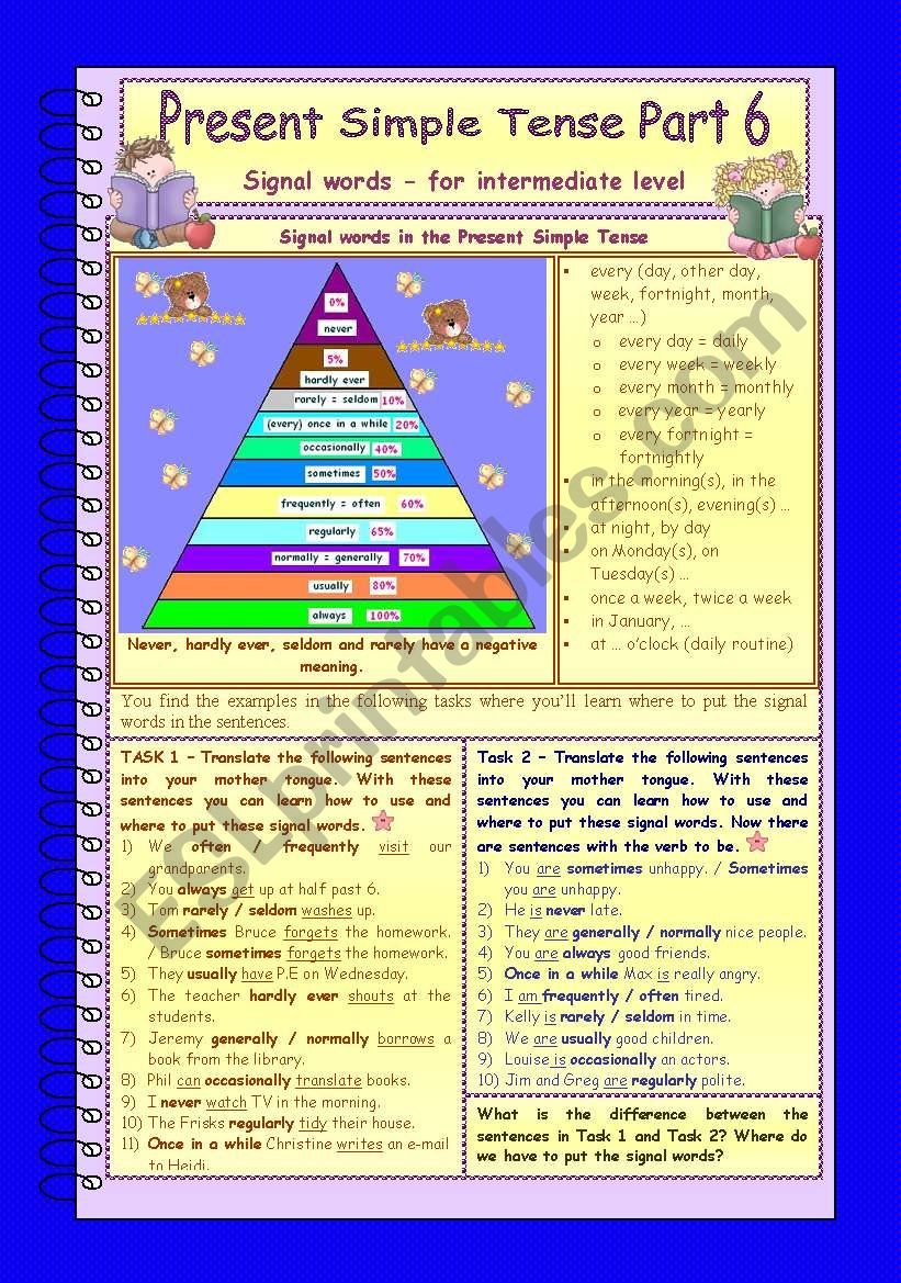 Signal words * Present Simple Tense * Part 6 * 4 pages * 10 tasks * grammar explanation * key is included * for intermediate ss