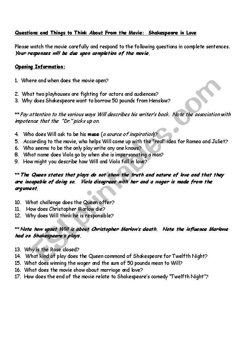 Shakespeare in Love   movie worksheet