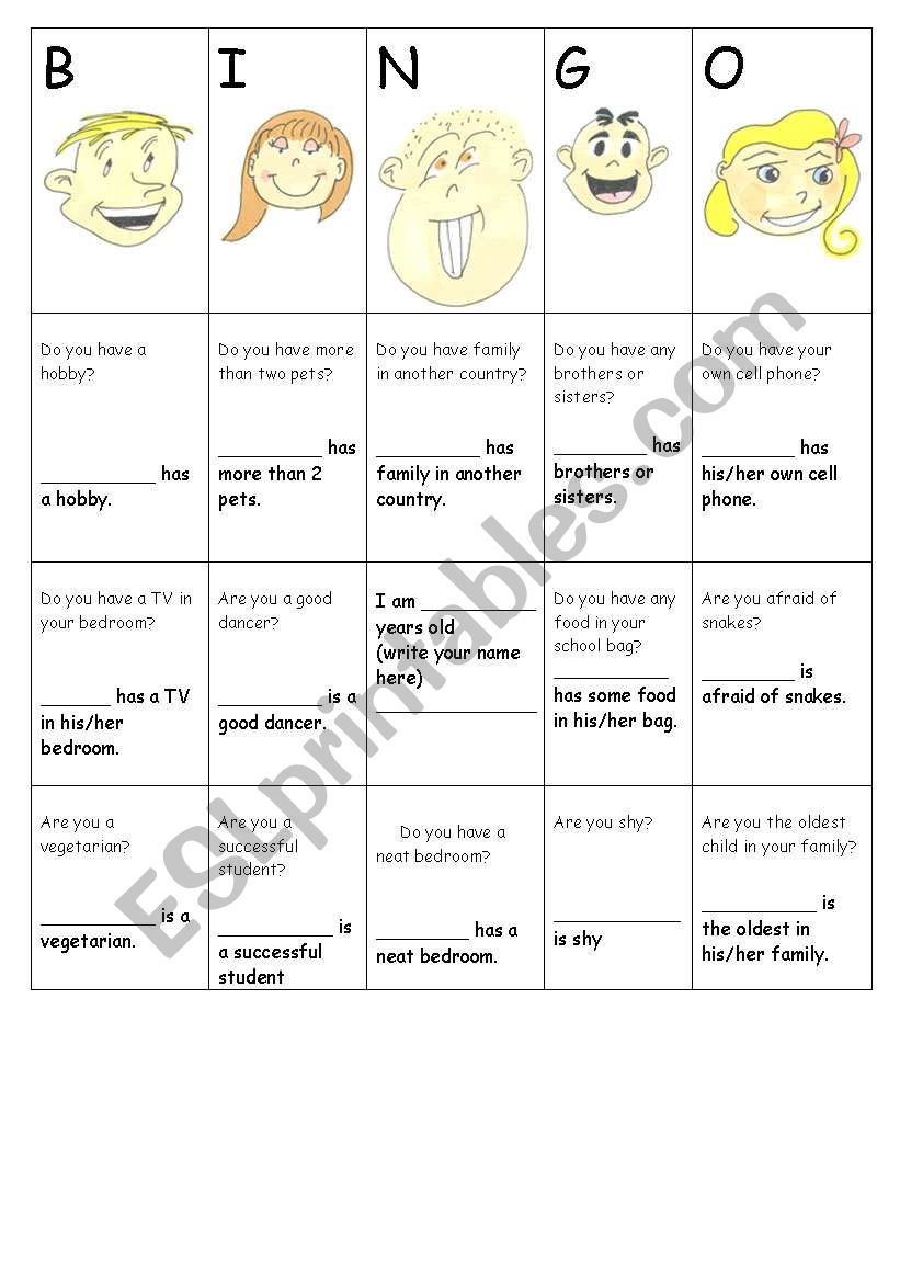 Getting to Know You Bingo - Practice Have/Has