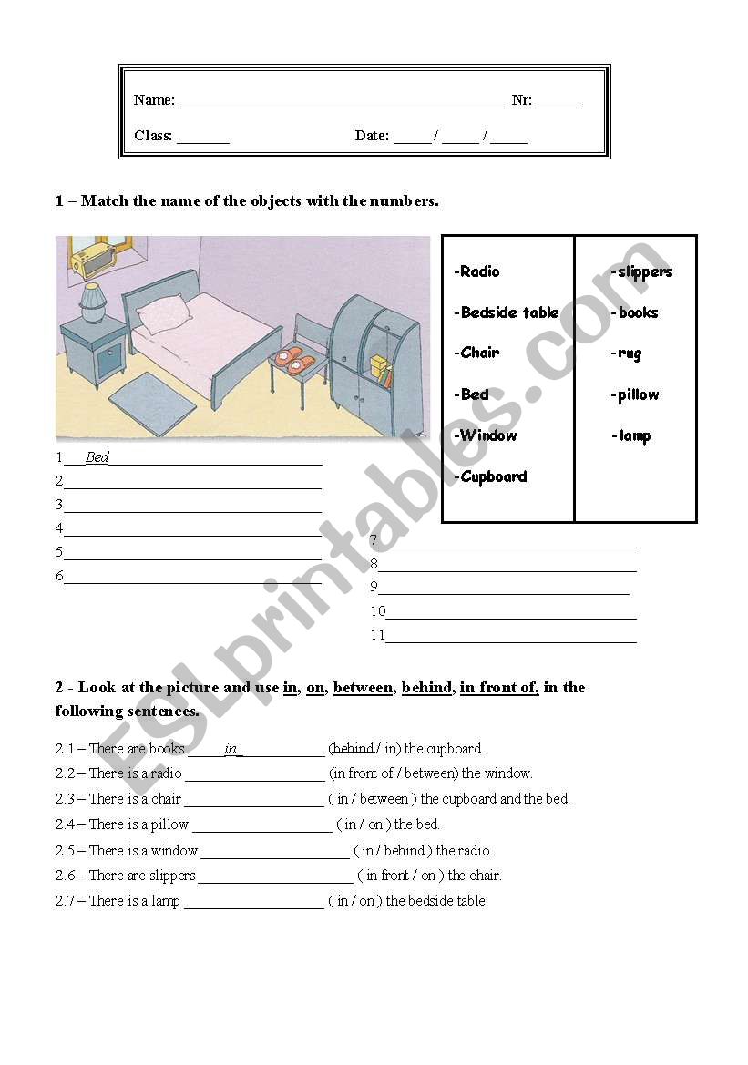 Prepositions of place, there is/are and bedroom vocabulary