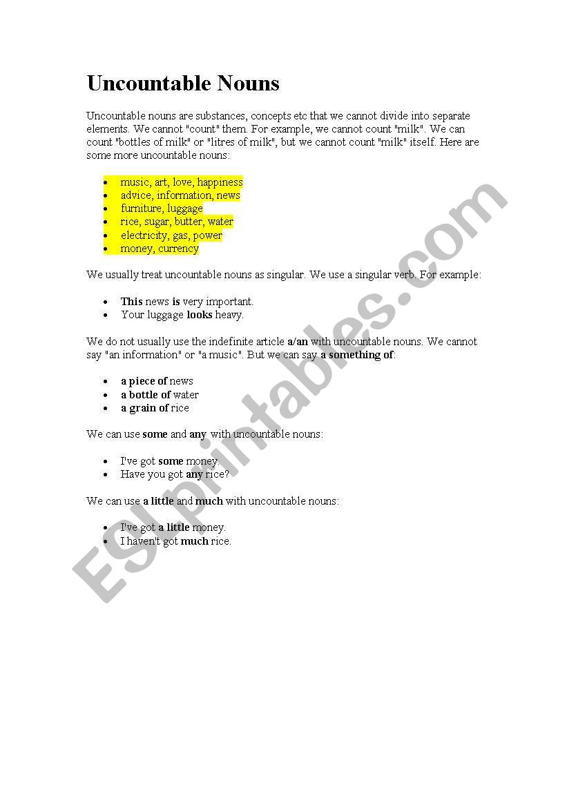 Uncountable nouns theory worksheet