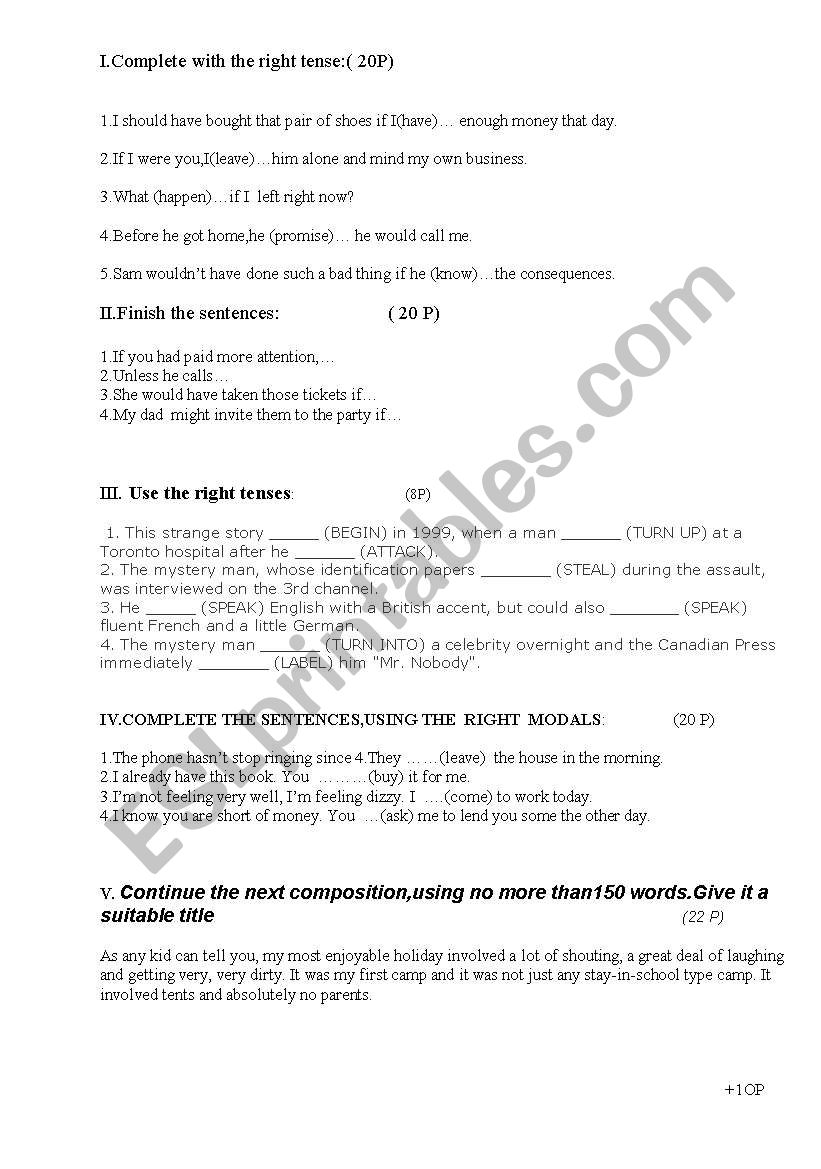 intermediate level test worksheet