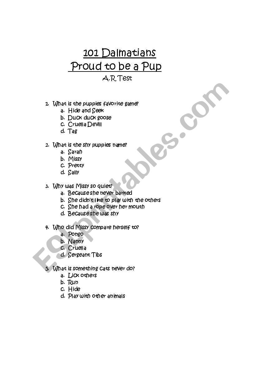 101 dalmatians A.R Test worksheet