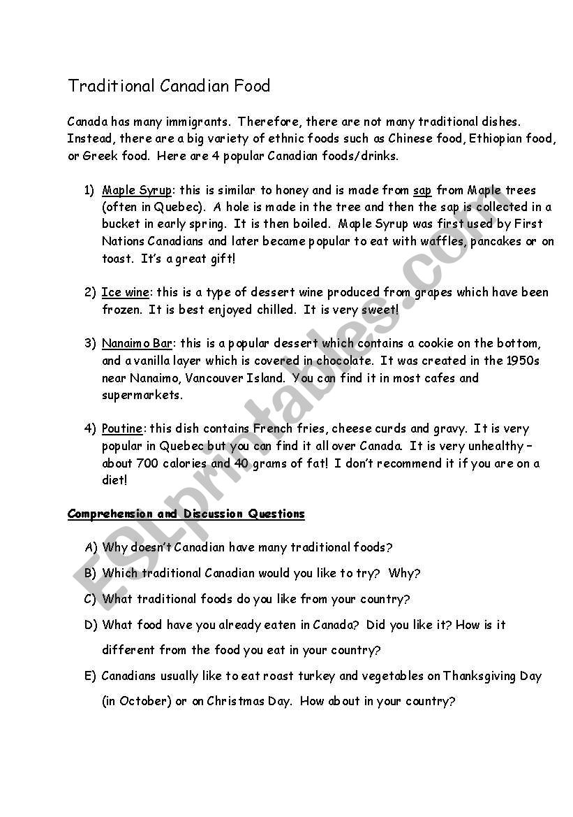 Canadian Food worksheet