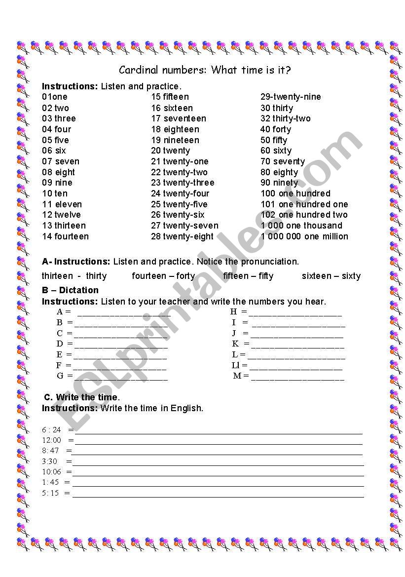 Cardinal numbers worksheet