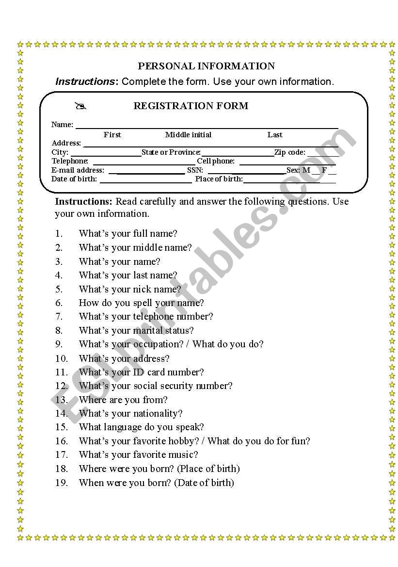 Personal information worksheet