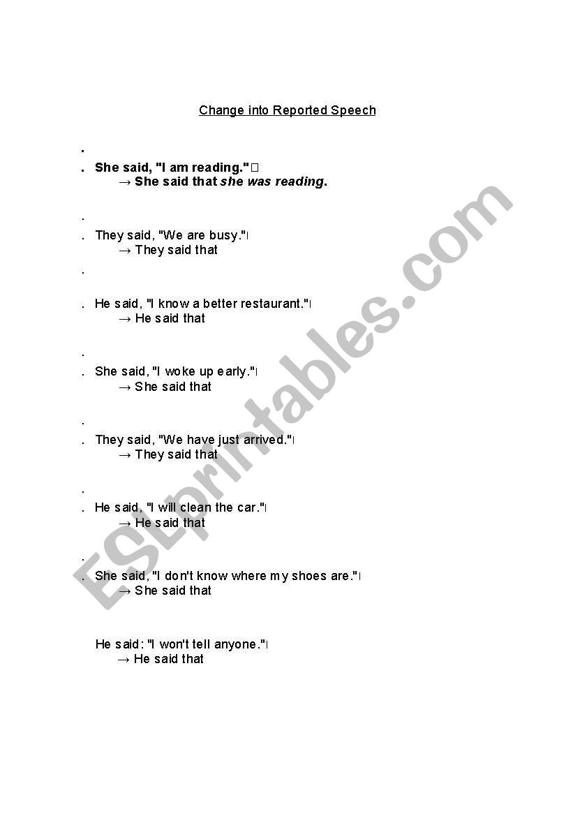 Reported Speech Worksheet worksheet
