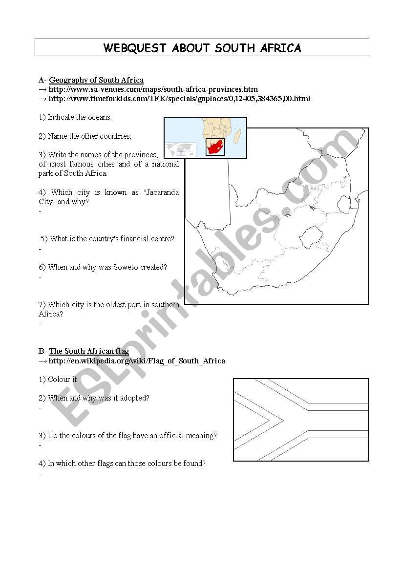 Web quest about South Africa worksheet