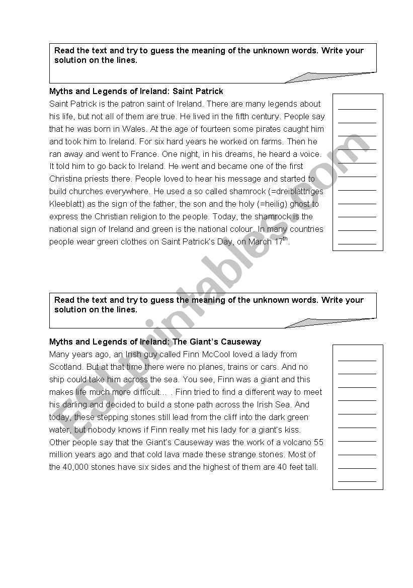 Legends and myths of Ireland worksheet