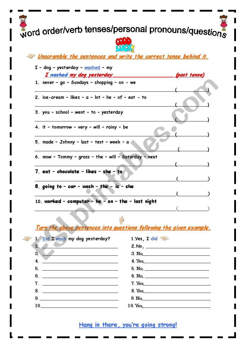 word order/verb tenses/personal pronouns/questions