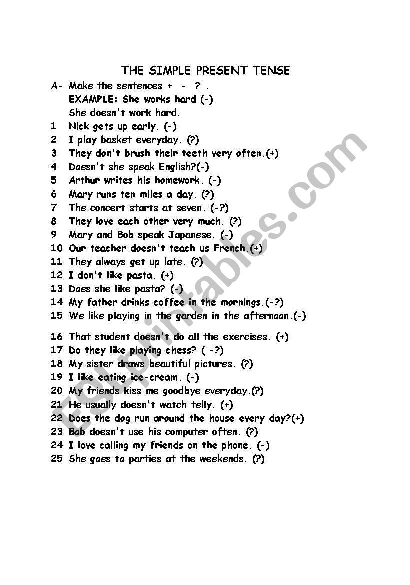 THE SIMPLE PRESENT TENSE worksheet