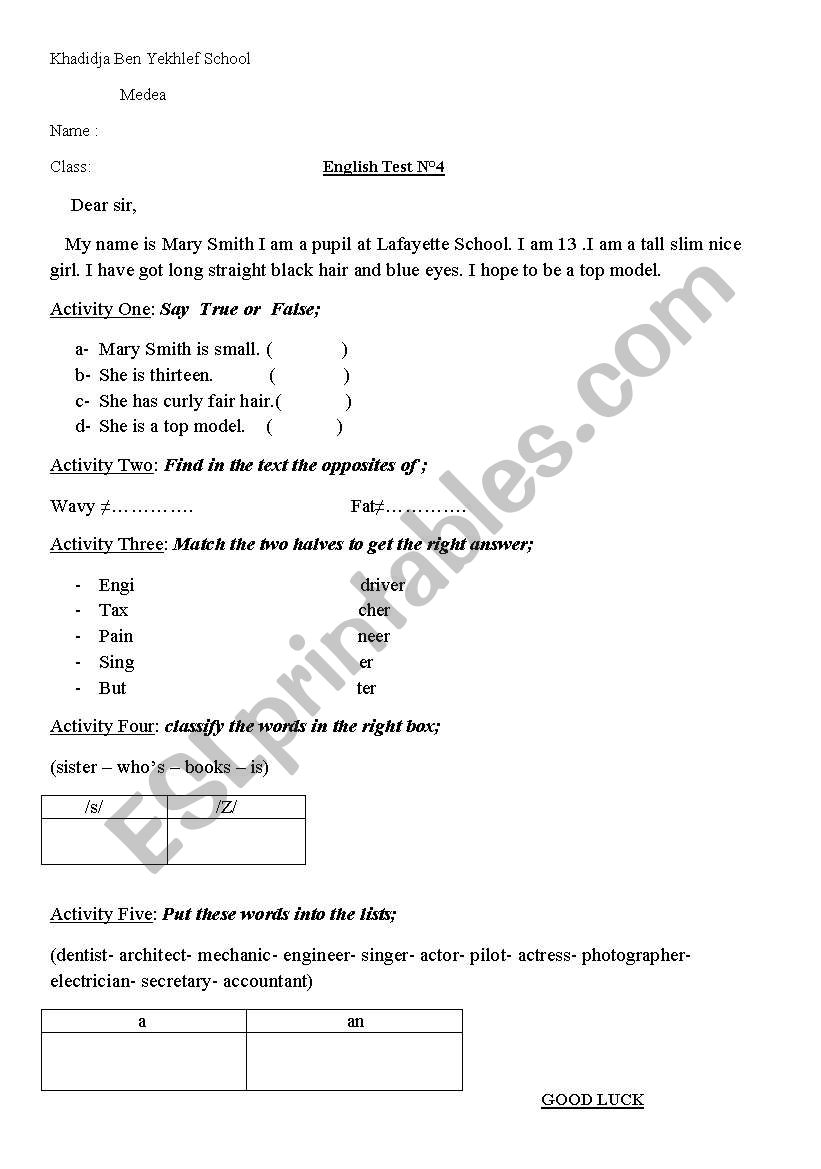 test worksheet