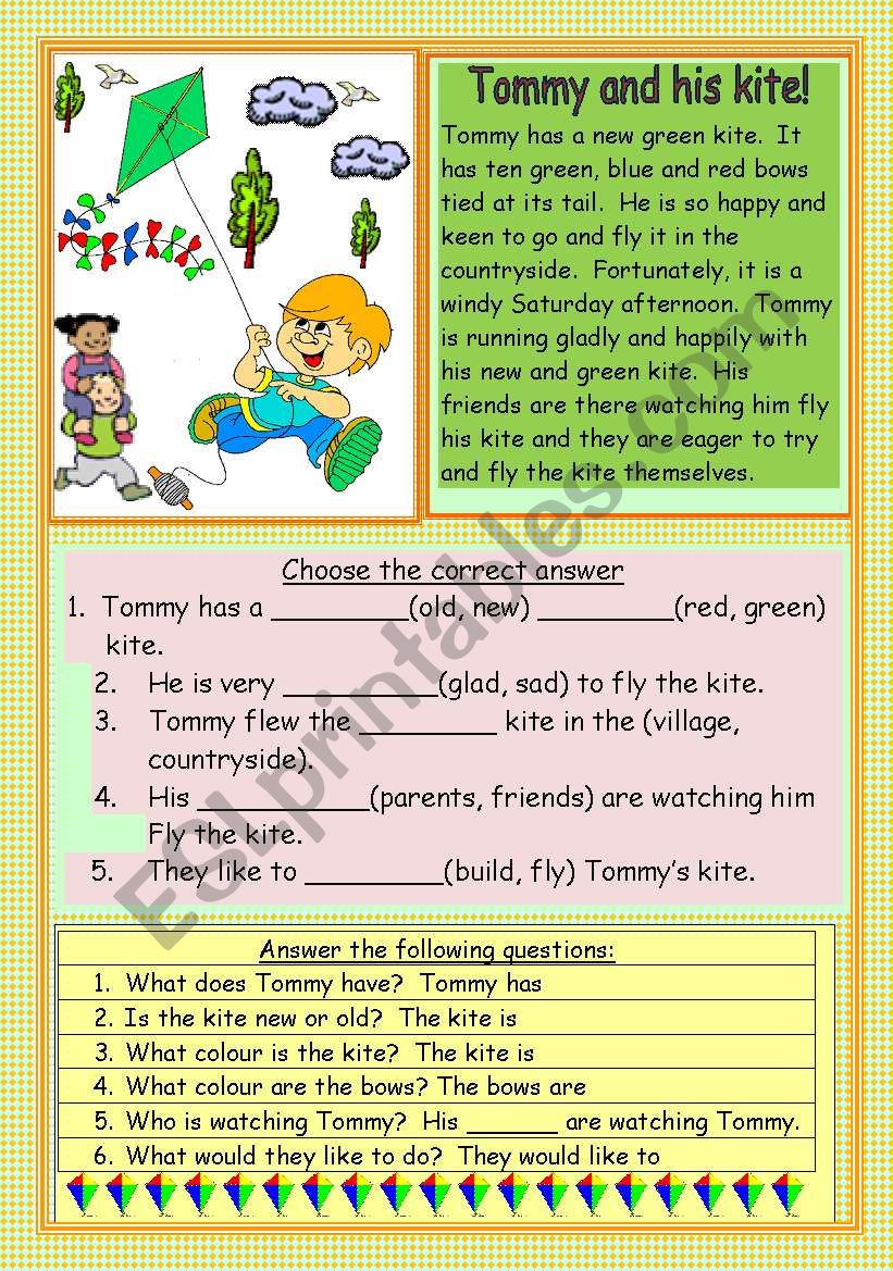 Tommy and his kite worksheet
