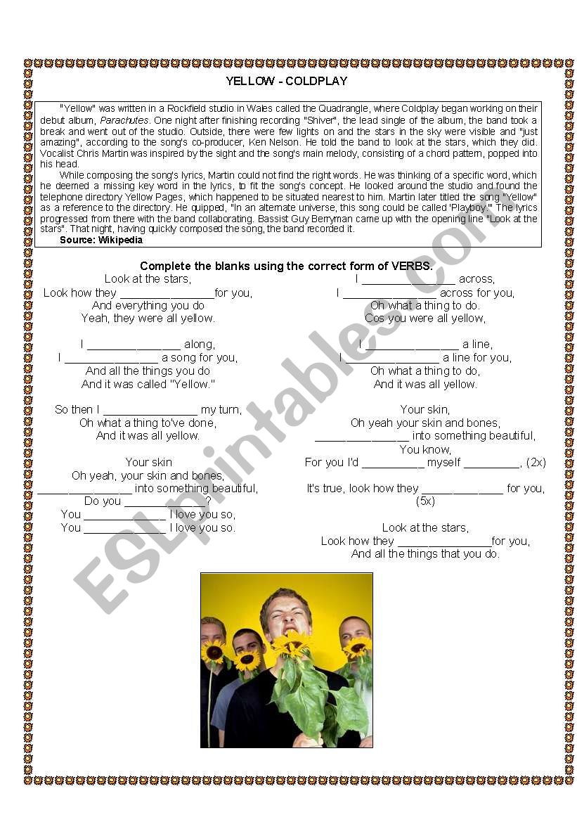 Yellow - Cold Play worksheet