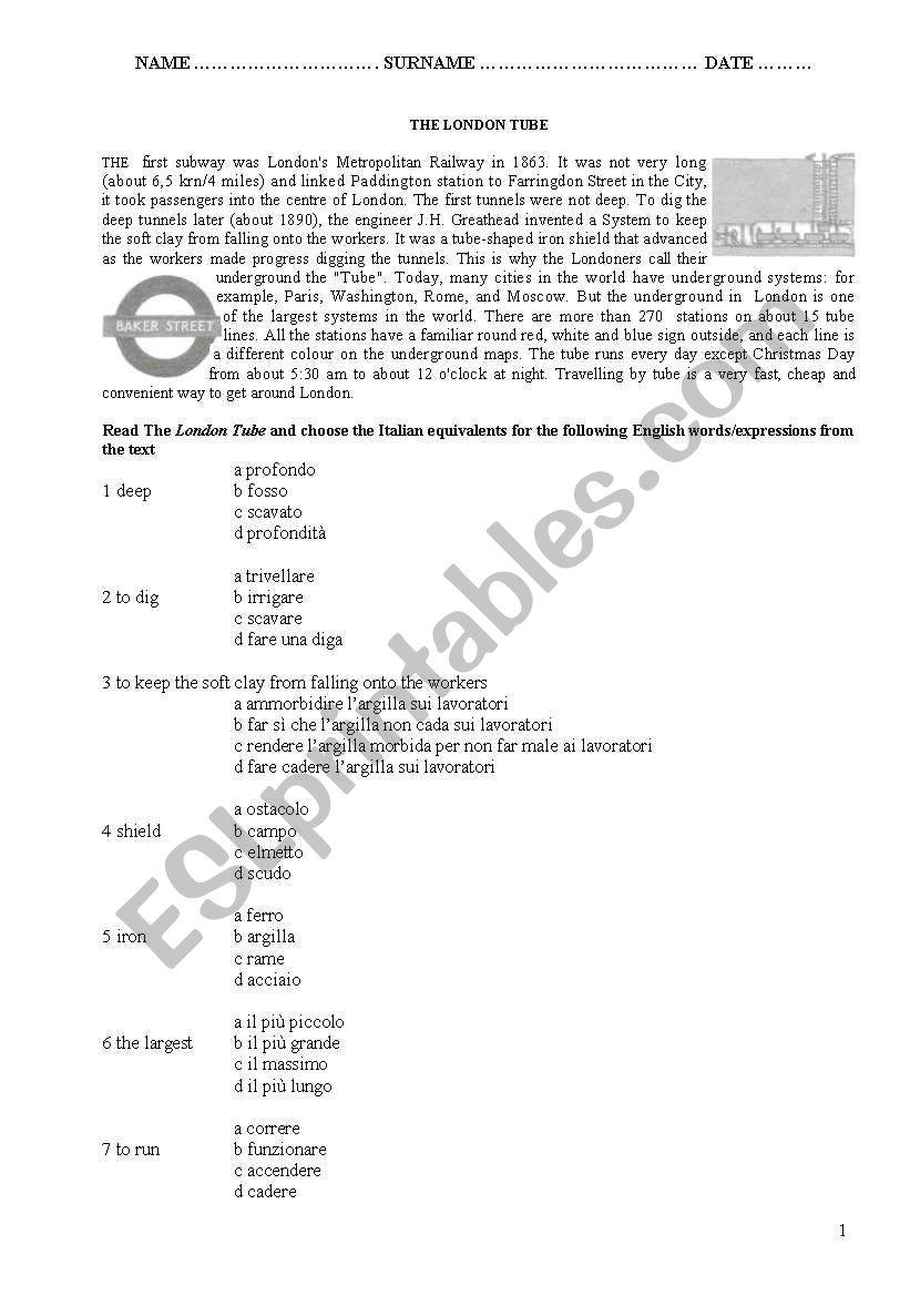 The London tube worksheet