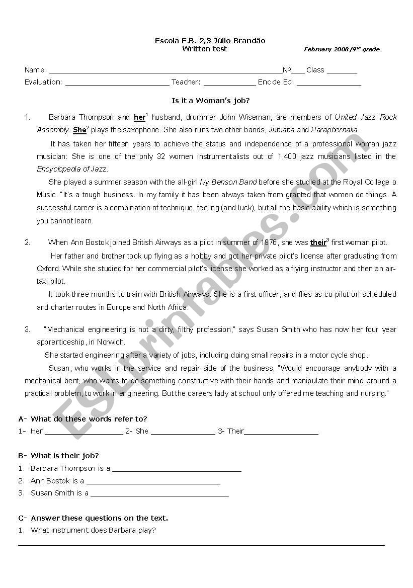 TEST: career women worksheet