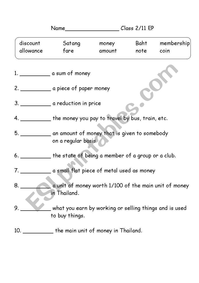 Money Baht worksheet