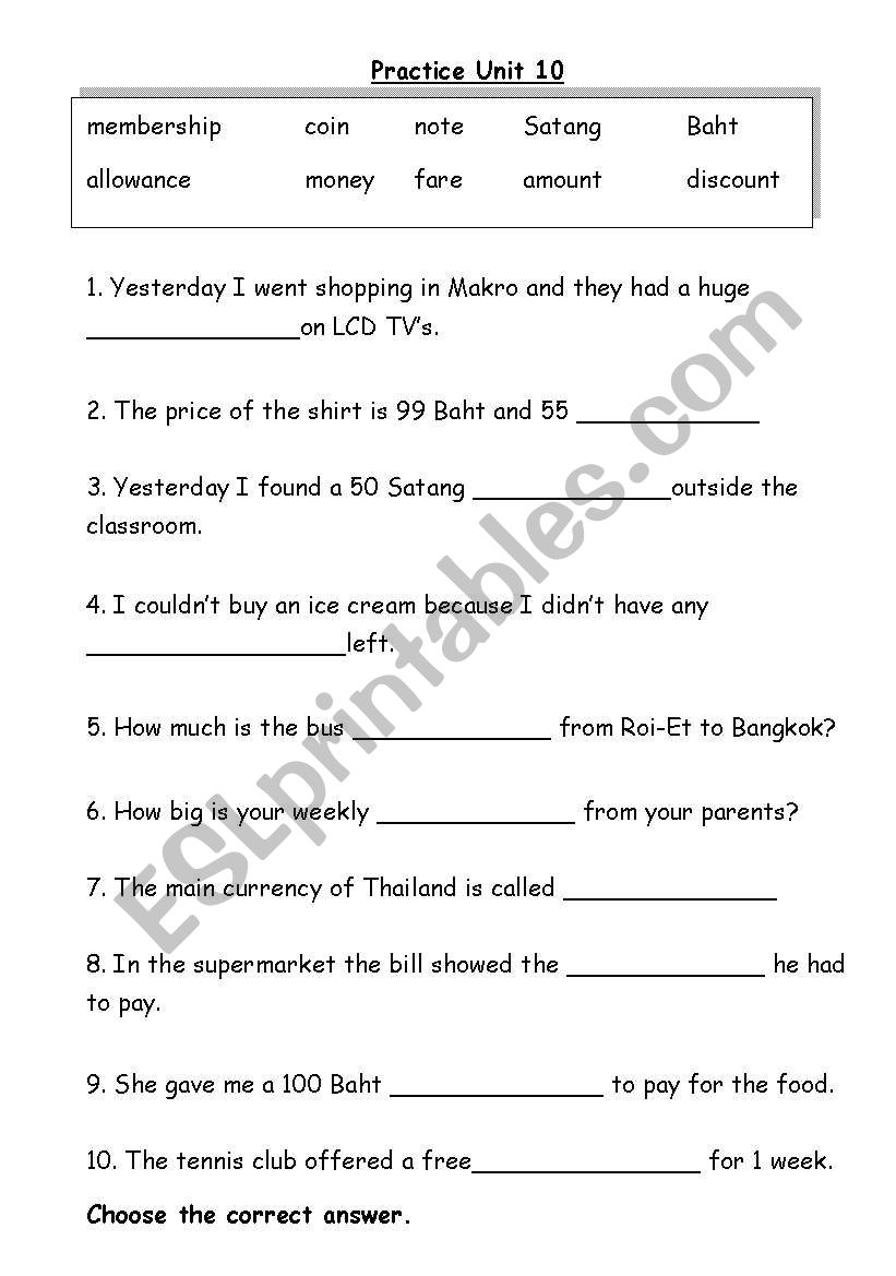 Baht and Satang , Money worksheet