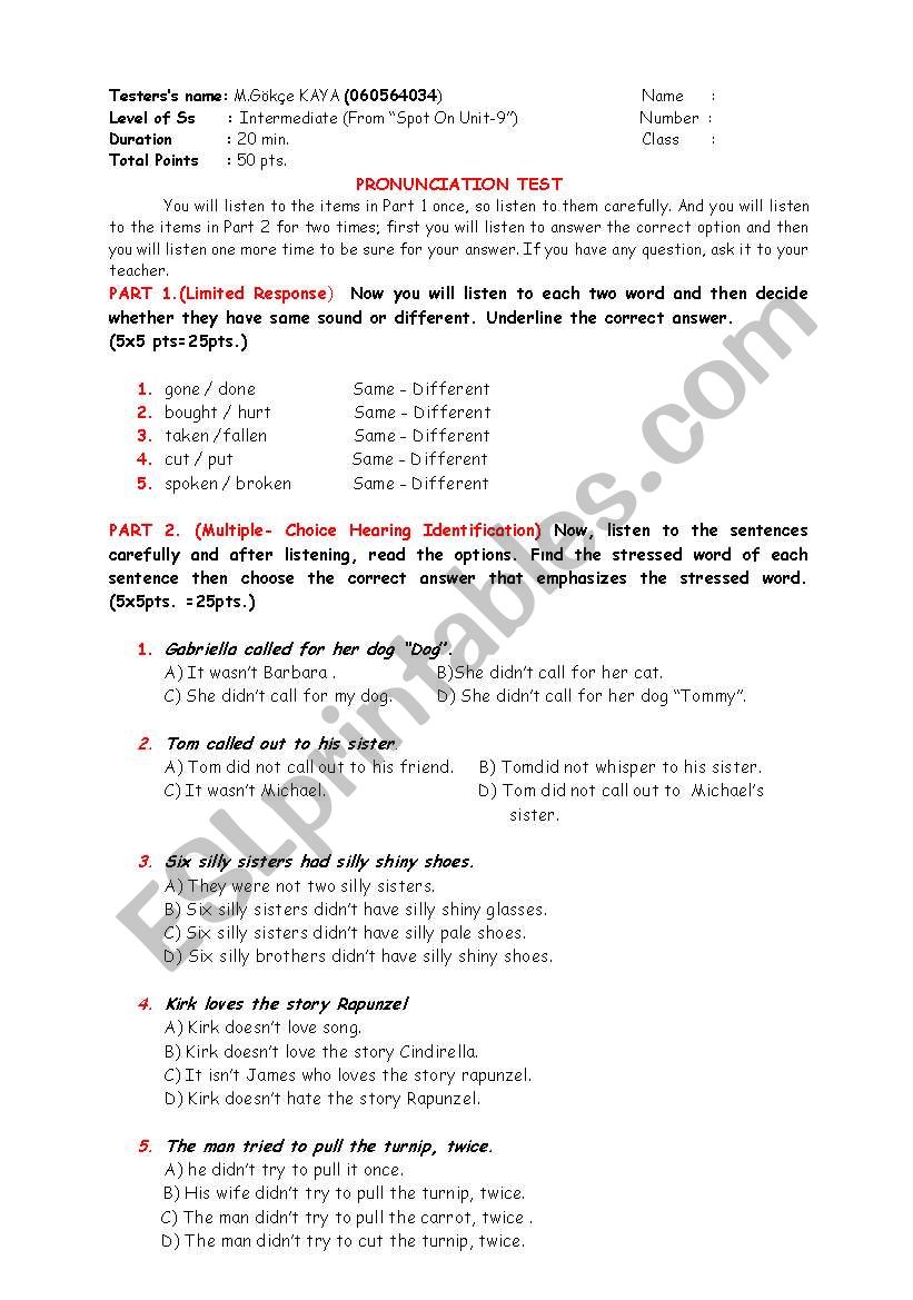 Testing Pronunciation - Multiple- Choice Hearing Identification - Limited Response -  Test  / Exam Paper