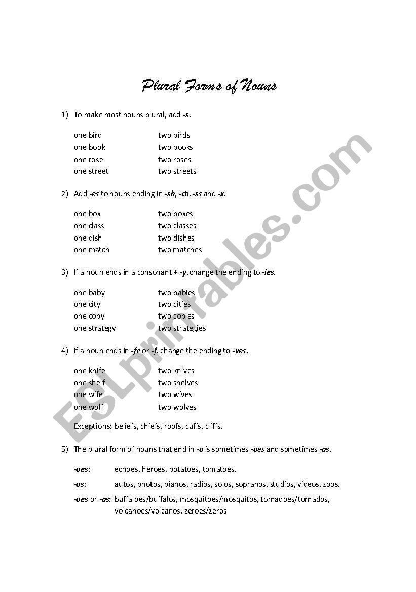 Plural Forms of Nouns worksheet