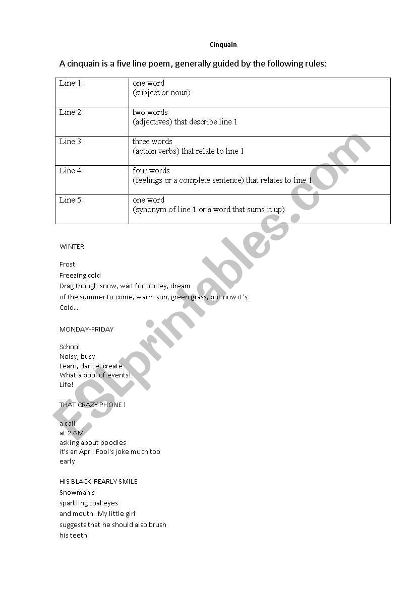 Cinquain worksheet