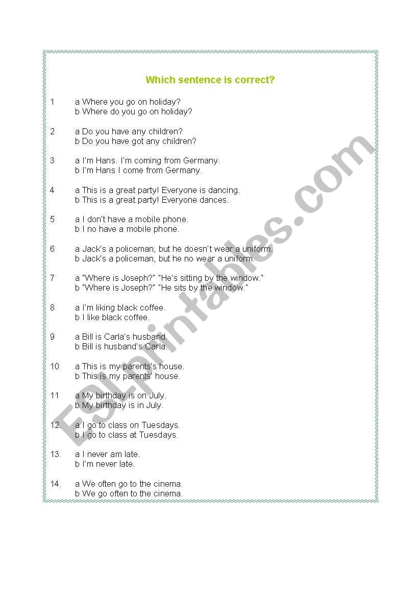 Which sentence is correct? worksheet