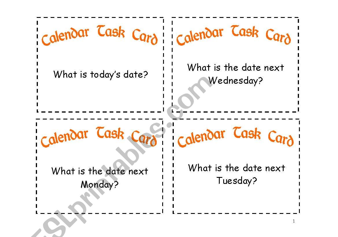 Calendar Task Cards worksheet