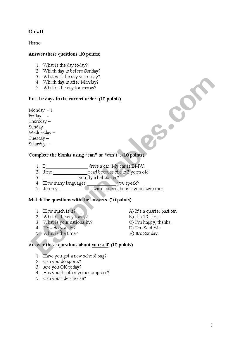 Quiz for kids II worksheet