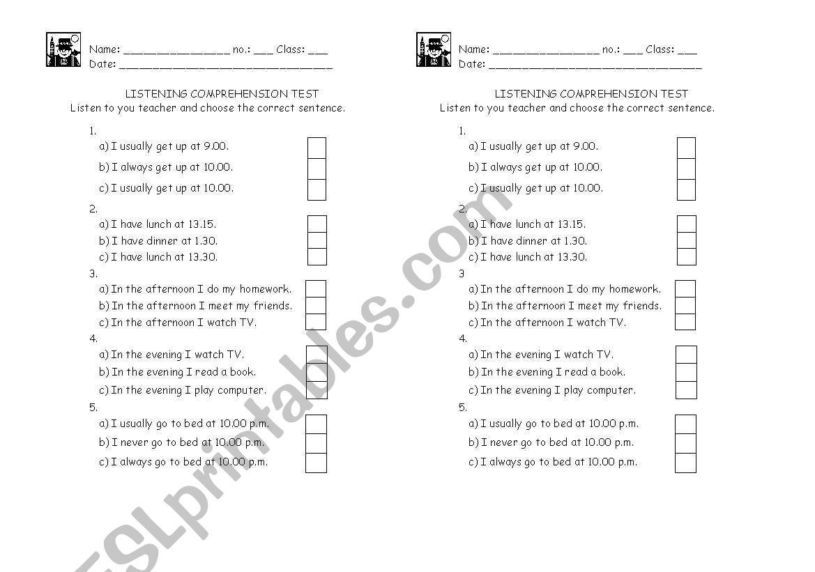 daily routine listening test worksheet