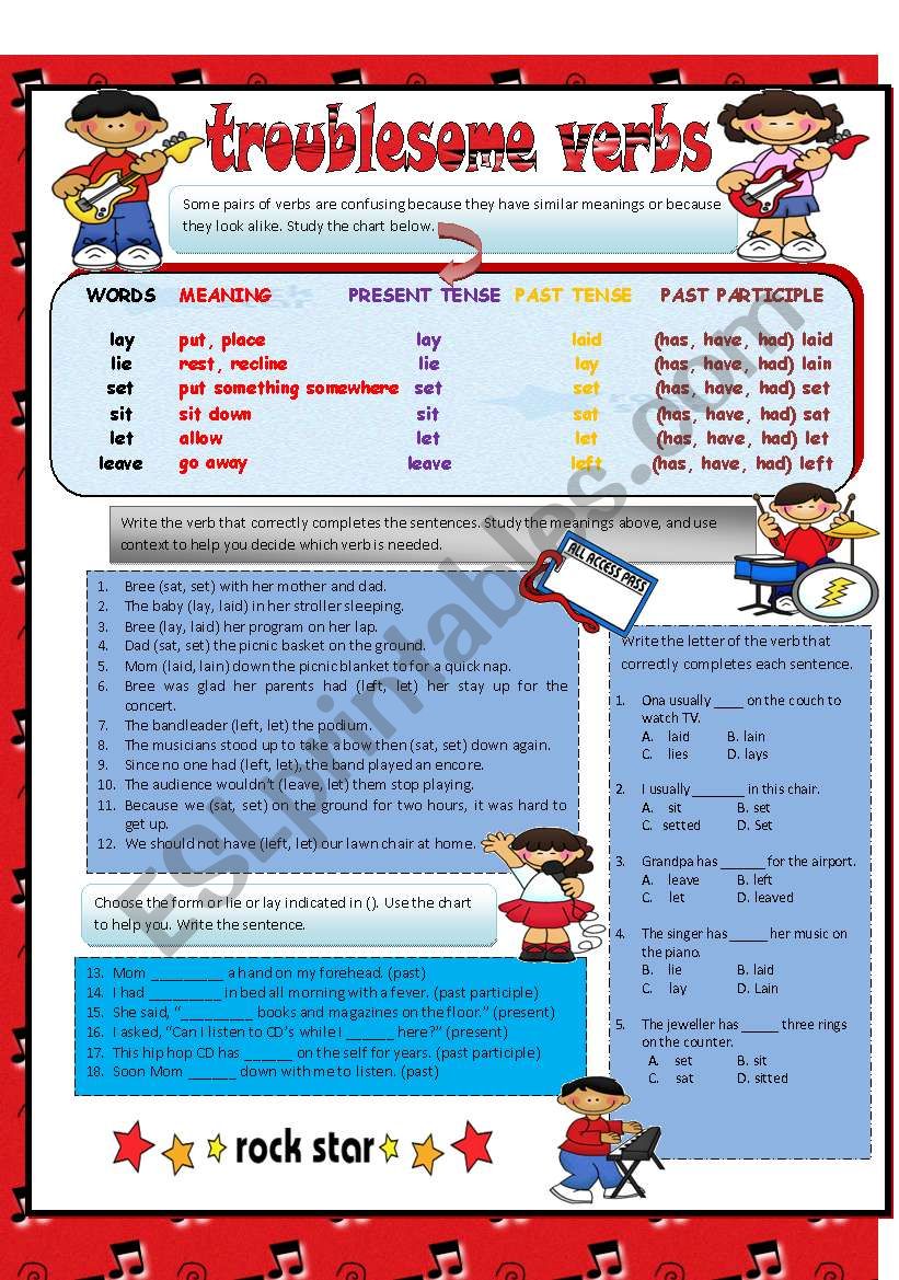 Troublesome Verbs: lay, lie, sit, set, let, leave