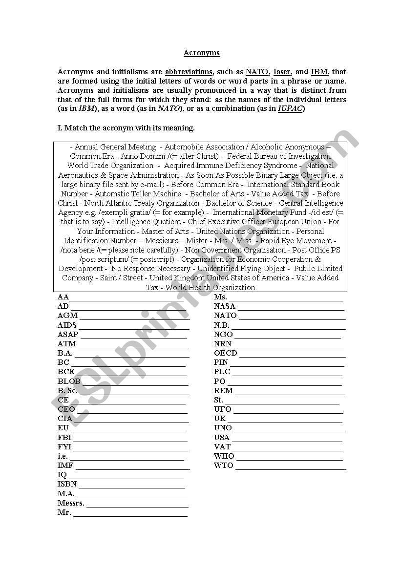 Acronyms worksheet