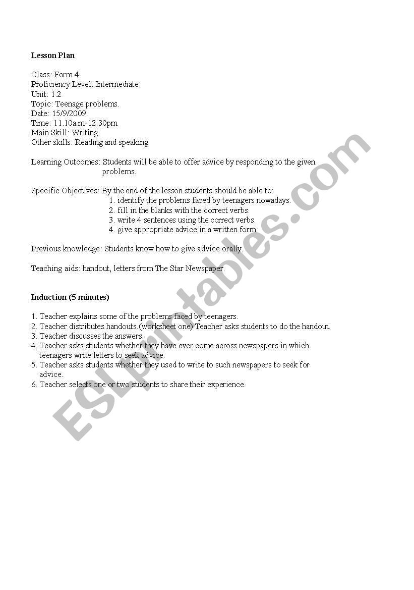 writing lesson plan worksheet