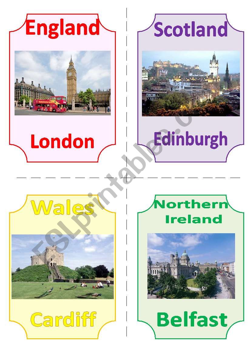 THE UK FLASHCARDS 3 - CAPITALS and LANDMARKS, 2 pages, 8 cards
