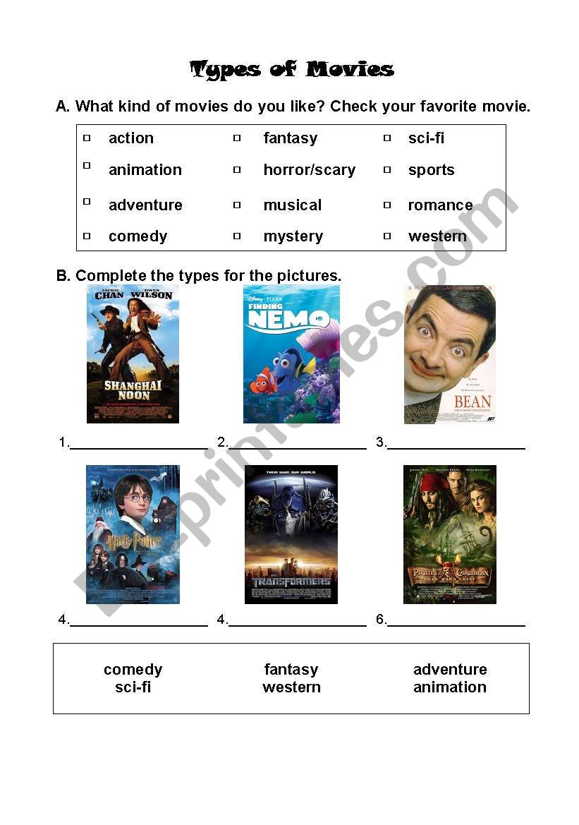 types of moives worksheet