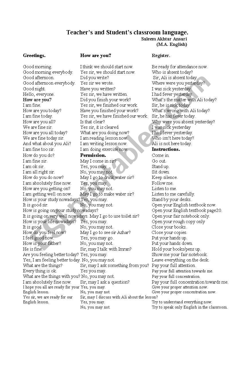 TeacherÂ´s and StudentÂ´s classroom language