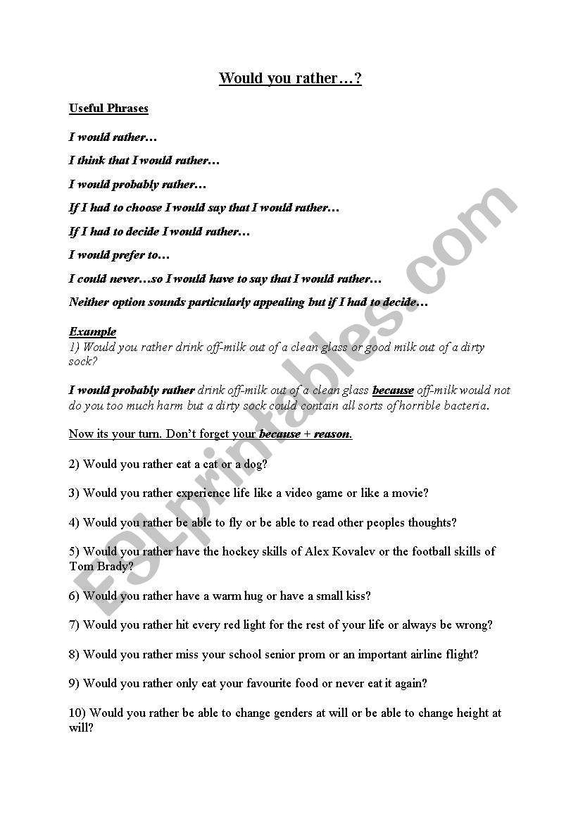 Would you rather... worksheet