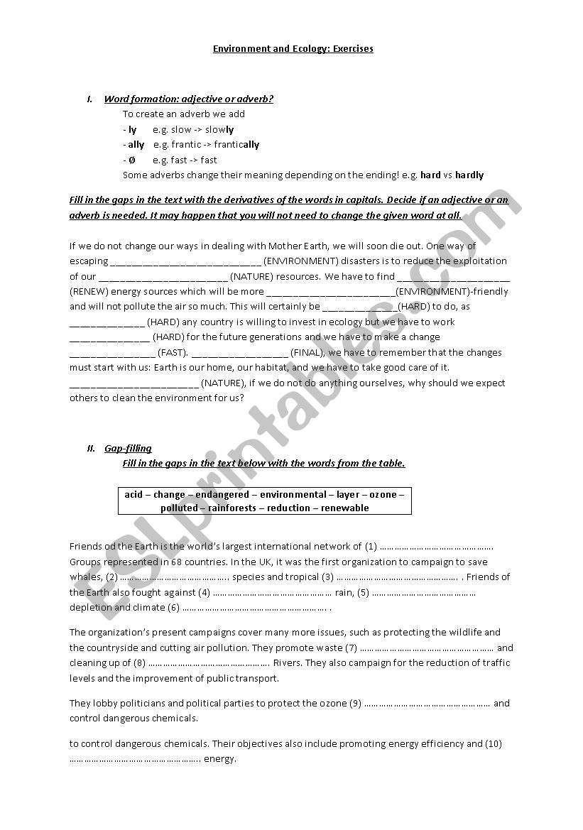 Environment and Ecology Worksheet