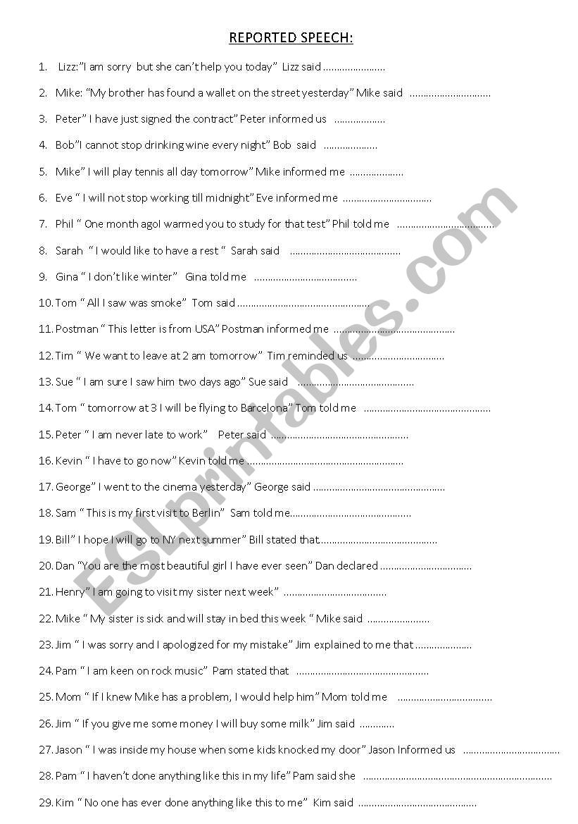 REPORTED SPEECH   50 SENTENCES   STATEMENTS 