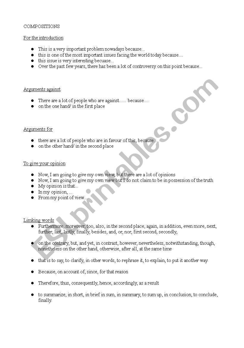 for and against essay worksheet