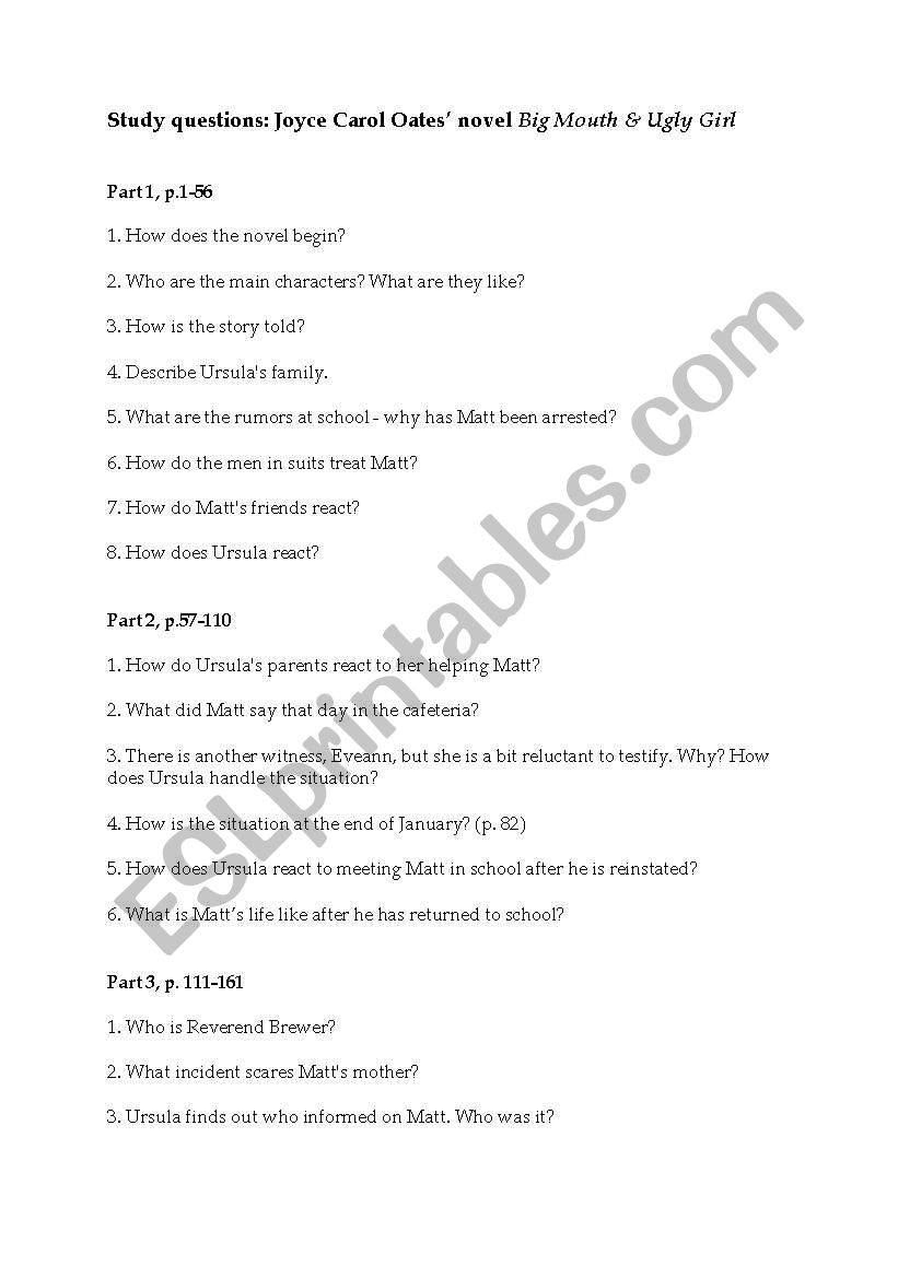 Study questions + test for Joyce Carol Oates´ Big Mouth & Ugly Girl Study questions + test for Joyce Carol Oates´ Big Mouth & Ugly Girl